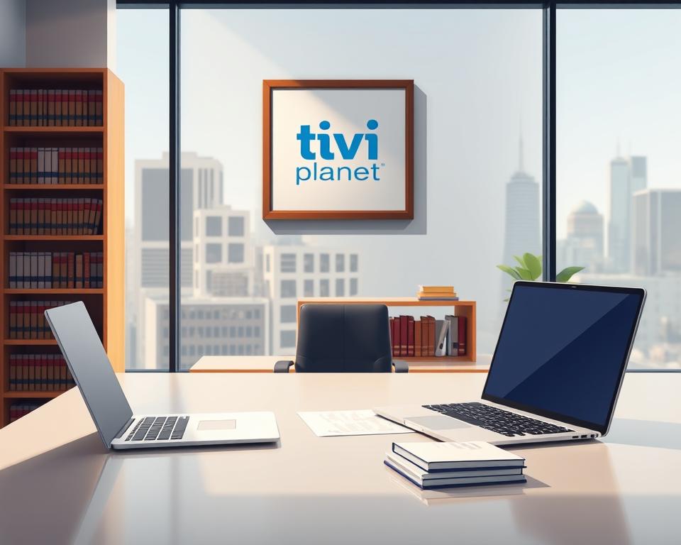 A high-quality, photorealistic image of the legal aspects of IPTV, featuring a stylish, modern office setting. In the foreground, a sleek, minimalist desk with a laptop, smartphone, and a stack of legal documents. Hanging on the wall behind the desk, a framed artwork with the Tivi Planet logo, conveying the brand's premium quality. The mid-ground showcases bookshelves filled with law books, creating an atmosphere of professionalism and expertise. The background is a large window with a cityscape view, providing a sense of context and sophistication. The lighting is natural, with soft shadows and highlights, creating a warm, inviting ambiance. The overall composition and color palette evoke a sense of authority, reliability, and attention to detail, reflecting the legal considerations of IPTV.