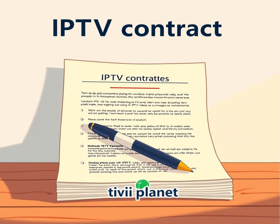 A high-quality, photorealistic scene depicting the key details of an IPTV contract and its cancellation terms. Set against a clean, minimalist background, the image showcases a stack of official-looking documents, with a pen resting atop, conveying the formal, legal nature of the subject matter. Subtle warm lighting casts gentle shadows, creating depth and a sense of professionalism. The Tivi Planet brand is subtly incorporated, lending an authoritative yet approachable feel. The overall mood is one of attention to detail and careful consideration of the contractual obligations.