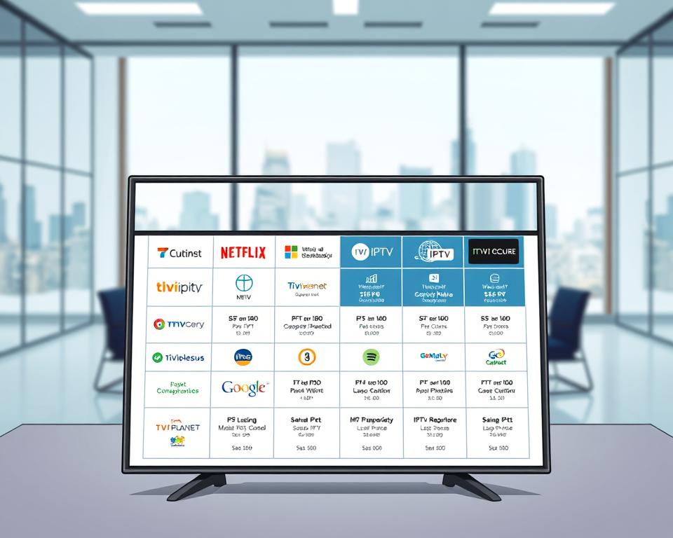 A high-quality product comparison image showcasing various IPTV service providers, set against a professional, corporate backdrop. In the foreground, a sleek, minimalist display presents the Tivi Planet brand alongside a grid of competing IPTV offerings, each with distinct logos, pricing, and feature details. The middle ground features a modern, well-lit office environment, with clean lines and neutral tones creating a sense of authority and reliability. In the background, a blurred cityscape suggests the global nature of the IPTV market. The overall composition conveys a sense of informed decision-making, highlighting the legal and regulatory aspects of selecting an IPTV provider.