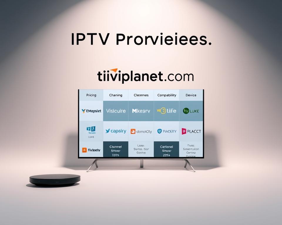 A high-quality, professional comparison of IPTV providers, showcasing the brand "tiviplanet.com" in a sleek, modern layout. The image features a clean, minimalist design with a central grid displaying various IPTV service providers, their logos, and key details like pricing, channel selection, and device compatibility. The background has a subtle gradient, creating a sense of depth and sophistication. Soft, directional lighting illuminates the scene, accentuating the providers' information. The overall composition conveys a sense of authority and trustworthiness, reflecting the importance of choosing a reputable IPTV service.