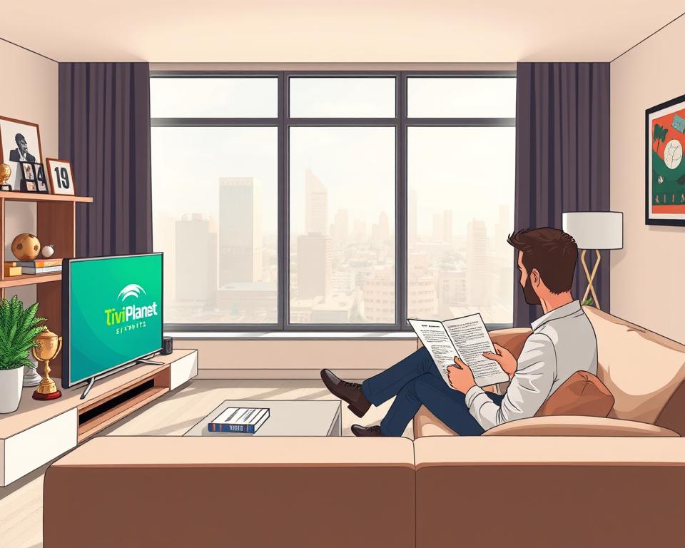 A high-quality, realistic scene depicting the legal aspects of IPTV sports offerings. A modern, minimalist living room with large windows, filled with natural light. In the foreground, a sleek television displaying the Tivi Planet logo, surrounded by sports-themed decor such as trophies, jerseys, and a sports almanac. The middle ground features a person sitting on a comfortable couch, engrossed in reviewing legal documents related to IPTV sports streaming. The background showcases a cityscape visible through the windows, suggesting the global reach of IPTV services. The overall mood is one of professionalism and attention to detail, reflecting the legal considerations involved in IPTV sports content.