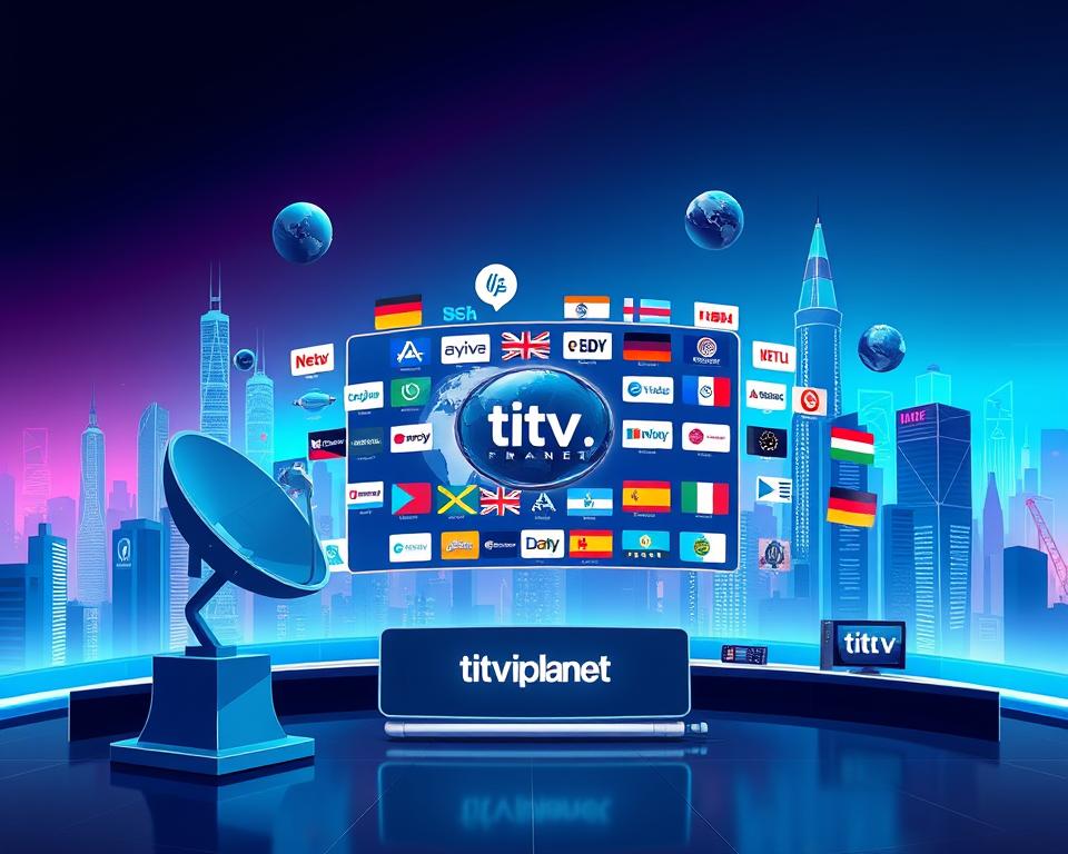 A high-quality, ultra-detailed digital illustration of "IPTV internationale Inhalte" depicting a modern, sleek media hub surrounded by various international content icons and symbols. The foreground features the "Tivi Planet" brand prominently displayed, along with a stylized world map and satellite dish. The middle ground showcases a collection of streaming service logos, flags, and global content thumbnails. The background is a minimalist, futuristic cityscape with a vibrant, neon-infused color palette. The lighting is dramatic, with cool tones and dynamic shadows, giving the scene a sense of depth and technological sophistication. The overall mood is one of global connectivity, media diversity, and the power of IPTV to deliver international content.