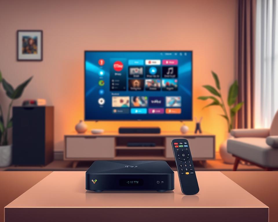 A high-quality, well-lit photograph showcasing the step-by-step setup of a Tivi Planet IPTV system. The image should depict a modern living room setup, with a sleek, minimalist TV stand holding the IPTV box, remote, and other necessary components. The foreground should feature the IPTV box and remote, showcasing their design and user-friendly interfaces. The middle ground should display the TV displaying the IPTV interface, highlighting the ease of navigation and content selection. The background should feature a warm, cozy atmosphere with soft lighting, plants, and other decor elements to create a inviting, domestic setting. The overall mood should convey a sense of simplicity, convenience, and the seamless integration of IPTV technology into the home environment.
