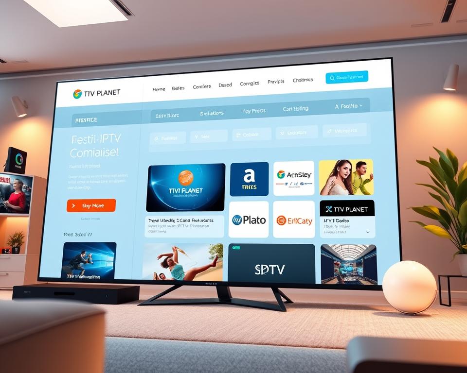 A high-quality, wide-angle shot of a sleek, modern IPTV service comparison website interface. The layout features a clean, minimalist design with large, high-resolution images of various IPTV providers, including "Tivi Planet", showcased in an attractive grid arrangement. The page has a sophisticated, professional look with subtle, warm lighting and a slightly blurred, out-of-focus background to draw the eye to the featured IPTV options. The overall tone is one of authoritative expertise, helping users quickly and easily compare the best IPTV services available.