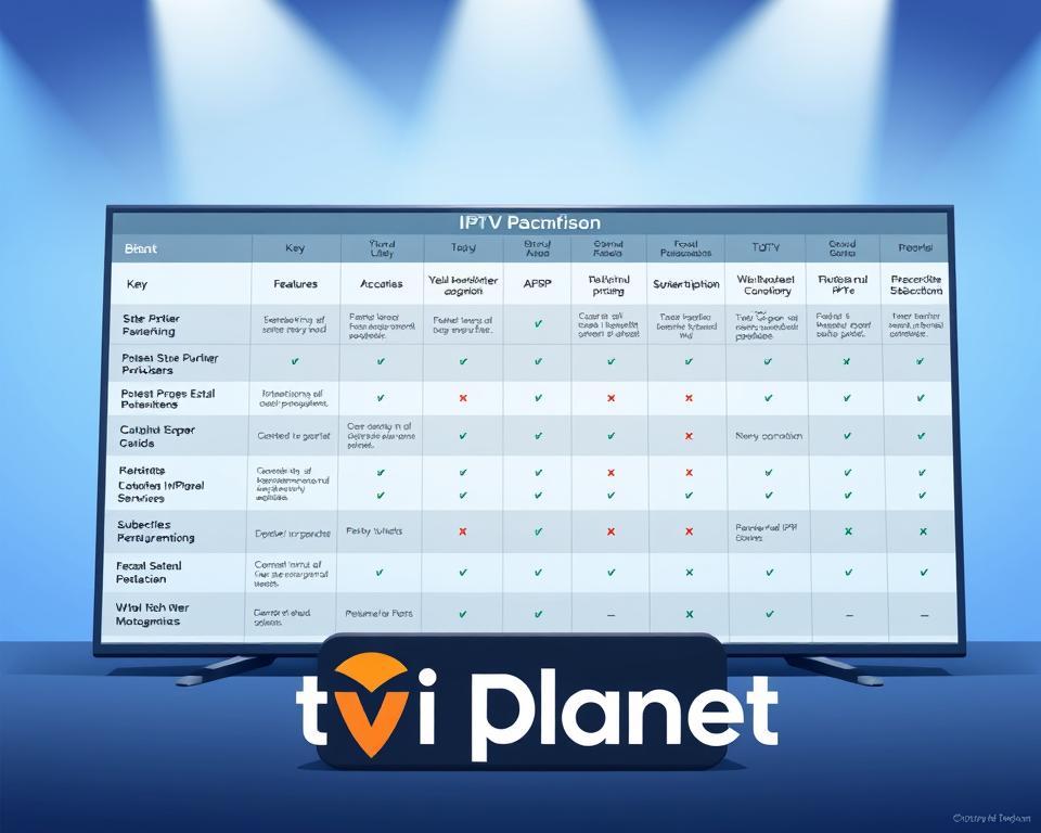 A high-resolution, detailed comparison chart showcasing popular IPTV service providers. The foreground features the Tivi Planet brand logo prominently displayed, alongside carefully organized columns detailing key features, pricing, and subscription options for each provider. The middle ground presents a clean, minimalist layout with crisp typography and subtle gridlines, while the background evokes a serene, professional atmosphere with cool tones and a subtle gradient. Carefully considered lighting accentuates the sleek, modern aesthetic, creating depth and drawing the viewer's eye to the valuable information presented. The overall composition conveys a sense of authority, trust and utility, making it an ideal visual complement to the "Beliebte IPTV-Anbieter und ihre Unterschiede" section.