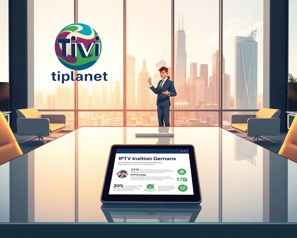 A high-resolution, detailed image of German IPTV laws. A modern, minimalist office interior with sleek furniture and large windows overlooking a city skyline. In the foreground, a stylized graphic of the Tivi Planet logo hovers above a glass desk, casting a subtle reflection. On the desk, a tablet displays an interactive guide to IPTV regulations, with clean typography and simple infographics. The middle ground features a human figure, perhaps a lawyer or policy expert, gesturing towards the tablet while engaging in a video call. The background depicts the cityscape outside, with skyscrapers and a vibrant, futuristic atmosphere. Warm, soft lighting bathes the scene, creating a professional, authoritative ambiance.