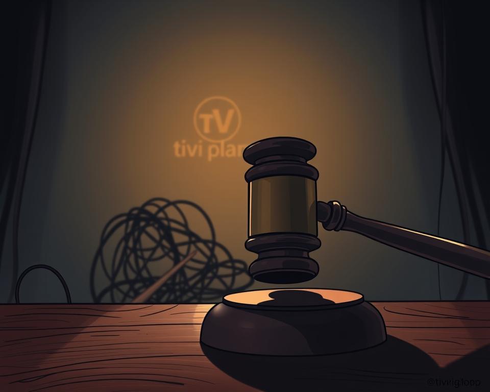 A high-resolution image of "IPTV Urheberrecht", showcasing a dark, ominous atmosphere with striking contrasts. In the foreground, a gavel slams down on a wooden table, casting dramatic shadows. The middle ground features a tangle of cables and wires, hinting at the complex legal landscape of IPTV. In the background, a dim silhouette of the Tivi Planet logo emerges, partially obscured by the ominous setting. The lighting is moody and dramatic, creating a sense of tension and urgency. The camera angle is slightly elevated, giving the viewer a sense of authority and gravity. The overall tone conveys the gravity and seriousness of the IPTV copyright issue.