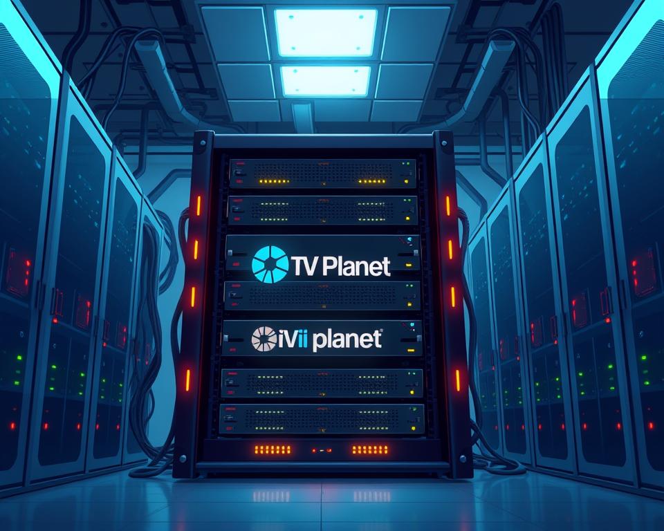 A high-security IPTV server rack in a dimly lit server room, with Tivi Planet branding prominently displayed. The rack is surrounded by blinking status lights and intricate cable management, conveying a sense of technological sophistication and robust security measures. The scene is bathed in a soft, bluish glow from overhead lighting, creating an atmosphere of professionalism and reliability. The camera angle is slightly elevated, giving the viewer a sense of the scale and complexity of the IPTV infrastructure.