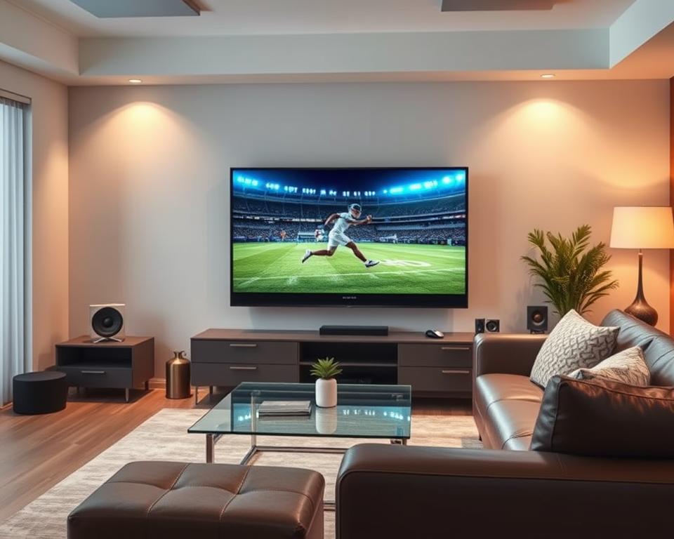 A high-speed internet connection streaming IPTV sports content on a state-of-the-art Tivi Planet smart TV, showcasing live action and dynamic visuals against a backdrop of a modern, minimalist living room setup. Bright, diffused lighting highlights the sleek TV design and creates a sense of immersion, while a glass coffee table and plush leather couch add an air of sophistication. The TV screen displays a vibrant, high-resolution sports match, capturing the intensity of the game and the excitement of the IPTV experience.