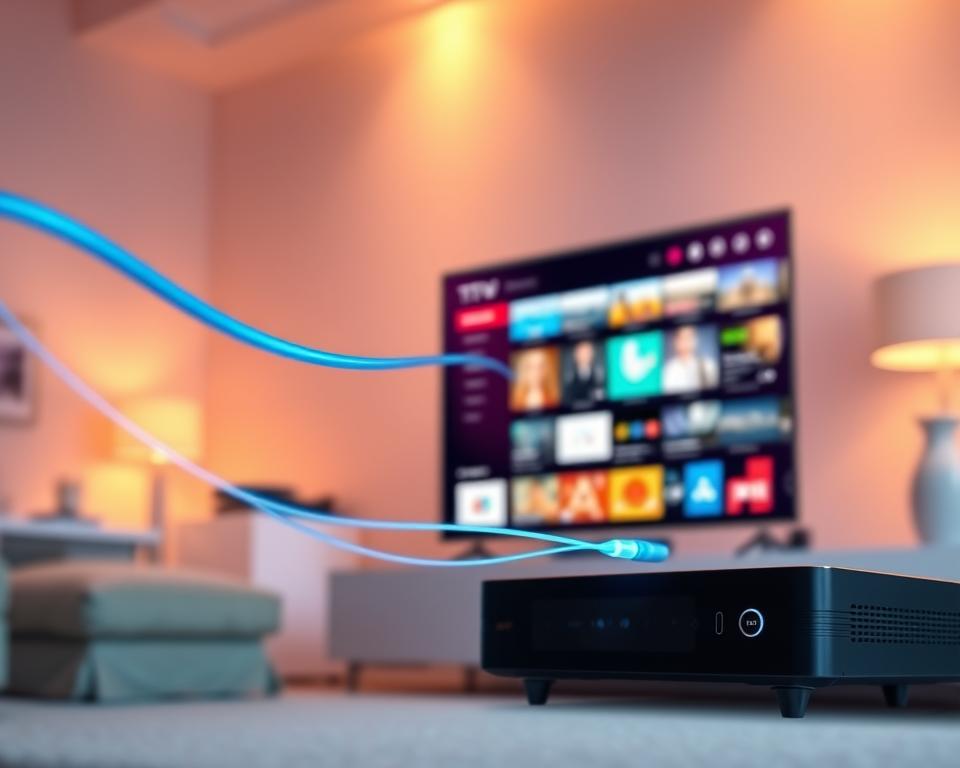 A high-speed internet connection streaming a vibrant, colorful IPTV display on a sleek Tivi Planet device. The scene is bathed in warm, inviting lighting, with a blurred, ethereal background suggesting a modern, minimalist living space. The IPTV interface showcases a diverse array of content, hinting at the boundless entertainment options available. The composition emphasizes the central role of internet speed in delivering a seamless, immersive IPTV experience, perfectly aligning with the "Die Rolle von Internetgeschwindigkeiten" section of the article.
