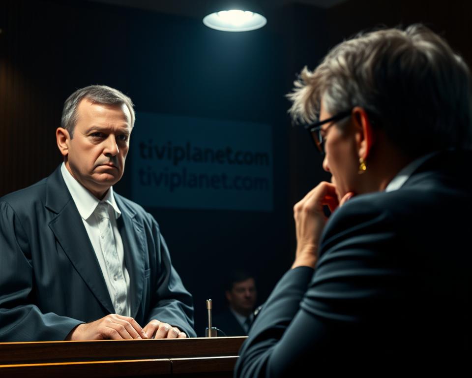 A high-stakes courtroom scene, illuminated by a harsh, overhead spotlight. A stern-faced judge presides over a tense legal proceeding, focusing intently on the defendant who stands before them, their expression a mix of worry and defiance. In the foreground, the defendant's legal counsel leans in, engaged in a whispered exchange, tension palpable in the air. Behind them, tiviplanet.com branding is prominently displayed, underscoring the gravity of the IPTV-related legal consequences at hand. The overall atmosphere is one of high drama and legal jeopardy, reflecting the serious nature of the "Was passiert bei einer Feststellung von illegalem IPTV?" subject matter.