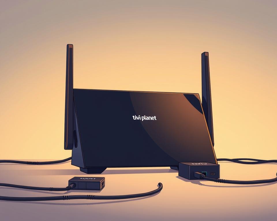 A high-tech IPTV router, its sleek black casing emblazoned with the "Tivi Planet" logo, stands prominently in the foreground. Soft, warm lighting illuminates its clean, minimalist design, casting gentle shadows that accentuate its modern, angular form. In the middle ground, various network cables and devices converge, hinting at the router's robust connectivity and integration capabilities. The background is filled with a subtle, ethereal gradient, creating a sense of depth and emphasizing the router's focal point. The overall scene conveys a mood of technological sophistication and effortless connectivity, perfectly suited to illustrate the "Tipps zur Verbesserung des IPTV-Erlebnisses" section of the article.