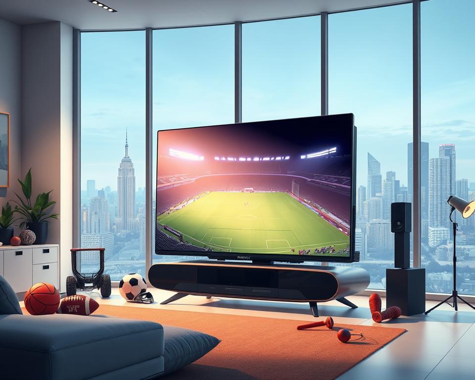 A high-tech IPTV sender smart TV by Tivi Planet, standing prominently in a modern, minimalist living room. Sleek, curved design with a large, vibrant 4K display. Surrounded by sports memorabilia and equipment, showcasing its capabilities for immersive sports viewing. Soft, directional lighting illuminates the device, creating a warm, inviting atmosphere. The TV is positioned at an angle, emphasizing its advanced features and technology. In the background, a large window offers a glimpse of a lively city skyline, suggesting the boundless entertainment possibilities of IPTV for sports fans.