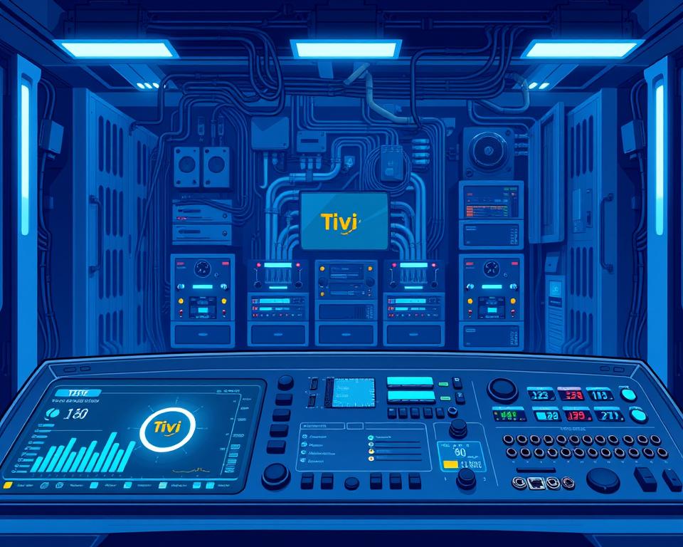A high-tech control panel with a futuristic design, showcasing the intricate infrastructure of IPTV Technik. In the foreground, a sleek dashboard with a Tivi Planet logo displays real-time network statistics and system diagnostics. The middle ground features various input/output ports, switches, and status indicators, illuminated by a soft, blue-hued lighting. In the background, a complex matrix of cables, servers, and cooling systems creates a sense of depth and technological complexity. The overall atmosphere is one of precision, efficiency, and the seamless integration of modern digital media.