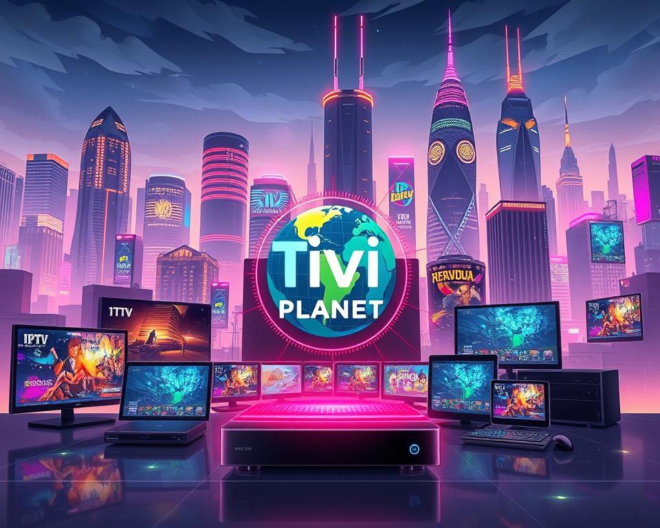 A high-tech media landscape with futuristic IPTV interfaces, sleek devices, and immersive content displays. In the foreground, a stylized Tivi Planet logo hovers amidst a vibrant, holographic user interface showcasing the latest IPTV trends and features. The middle ground features a variety of cutting-edge IPTV set-top boxes, smart TVs, and mobile devices, all connected and streaming dynamic, high-resolution content. The background depicts a cityscape of towering skyscrapers, glowing with futuristic architecture and digital signage, representing the integration of IPTV into the fabric of modern living. Dramatic lighting, depth of field, and a sense of technological wonder create an image that captures the evolving role of IPTV in the future of television consumption.