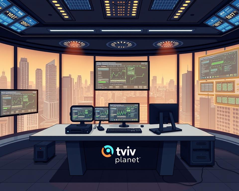 A high-tech security control center, with multiple screens displaying real-time IPTV network data. In the foreground, a sleek, modern desk with a Tivi Planet logo and various security devices. Subtle ambient lighting casts a futuristic glow, while the background features a cityscape of skyscrapers and data centers. The overall atmosphere conveys a sense of professionalism, reliability, and the importance of safeguarding IPTV systems.