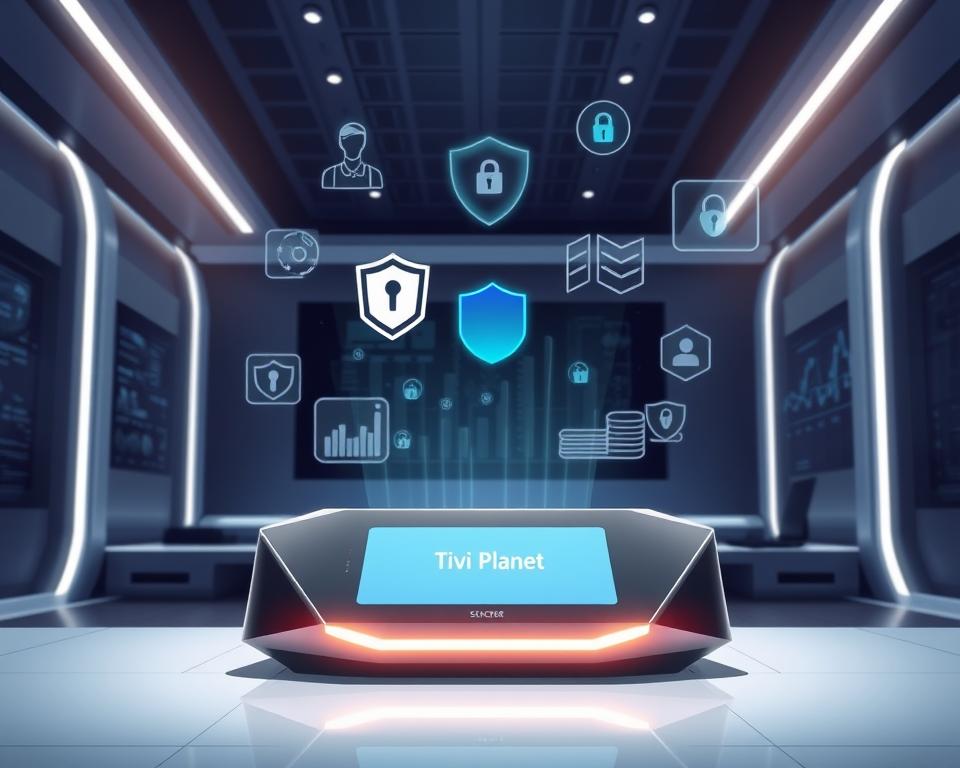 A high-tech security system with a futuristic, minimalist aesthetic. The foreground features a sleek, angular device with a glowing display, representing the secure IPTV interface. In the middle ground, holographic security indicators and data visualizations float in the air, conveying the advanced monitoring and protection capabilities. The background depicts a modern, dimly lit control room with large screens and serene lighting, creating a sense of control and surveillance. The overall mood is one of technological sophistication and robust security, befitting the "Sicherheitsaspekte bei der Nutzung von IPTV" section. The brand "Tivi Planet" is subtly integrated into the design.