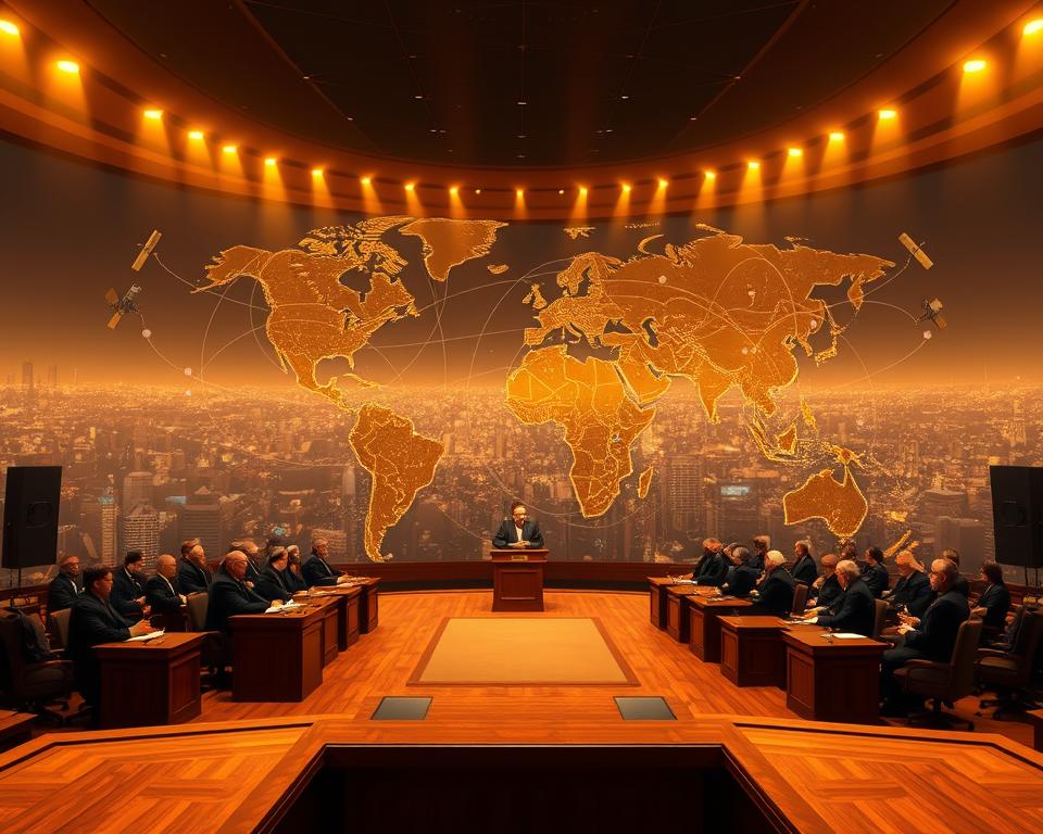 A large, expansive panoramic landscape featuring an international legal system in action. In the foreground, a courtroom setting with judges, lawyers, and defendants debating the legality of IPTV services. In the middle ground, a complex web of international treaties, regulations, and laws represented by intricate graphic elements. In the background, a global network of servers, satellites, and data centers operated by IPTV providers like tiviplanet.com. The scene is illuminated by a warm, golden light, conveying a sense of gravity and importance. The overall atmosphere is one of high-stakes legal deliberation and the clash of competing international jurisdictions.