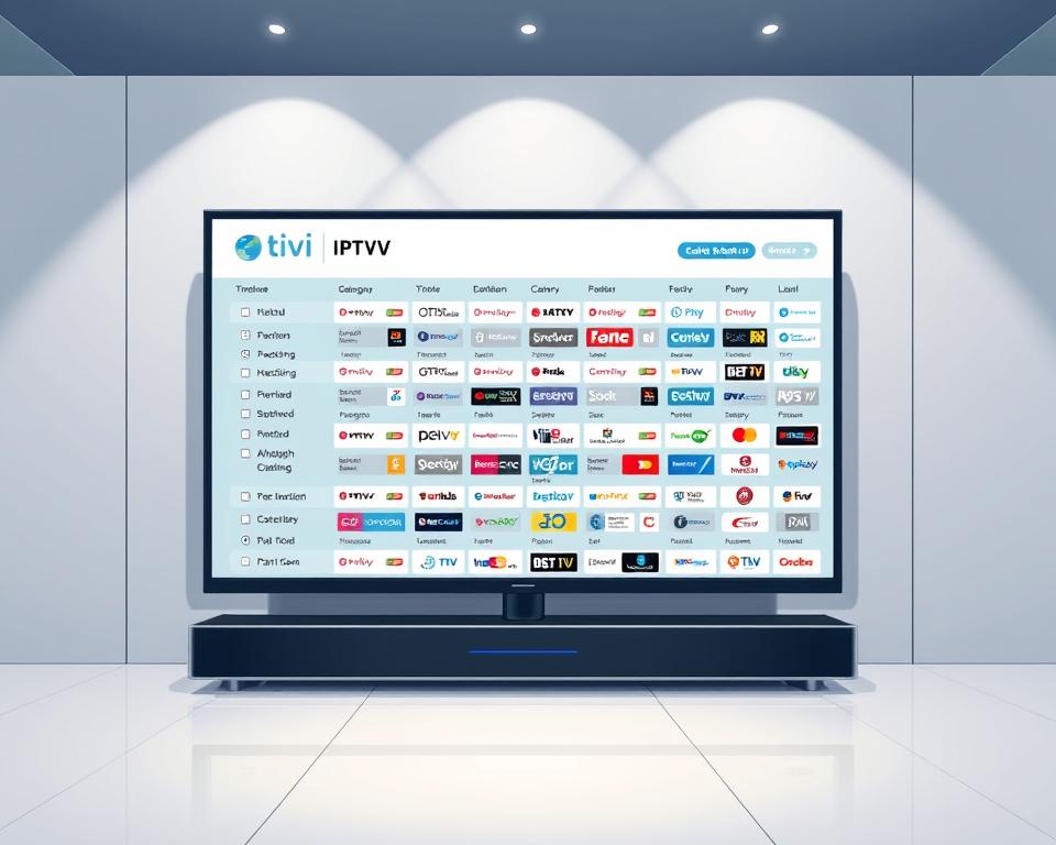 A large, high-resolution display showcasing a comprehensive IPTV channel list for Germany. The screen is set against a sleek, modern backdrop with a minimalist aesthetic. The interface is clean and intuitive, with channels organized into clear categories. The Tivi Planet logo is prominently displayed, reflecting the brand's expertise in IPTV solutions. The lighting is soft and even, creating a sense of professionalism and authority. The camera angle is slightly elevated, giving the viewer a sense of overview and control. The overall mood is one of informative clarity, reflecting the "Nutzung von IPTV Senderlisten" section of the article.