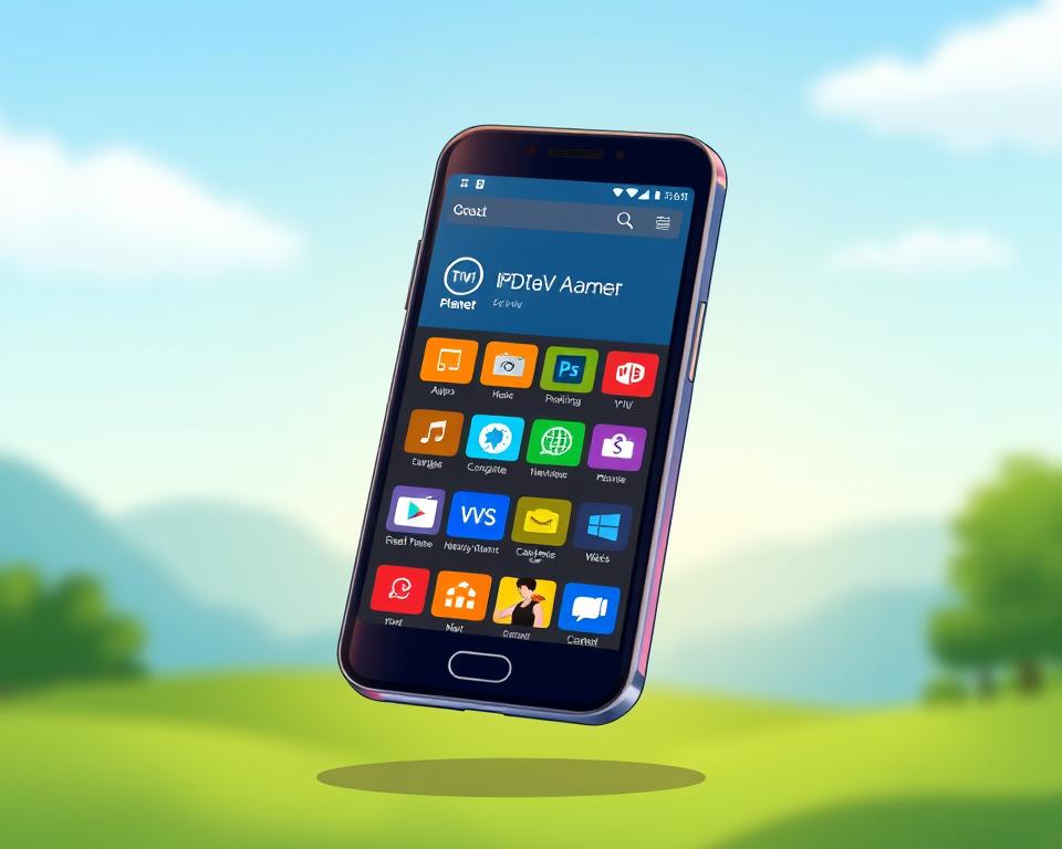 A mobile device displaying the Tivi Planet IPTV interface, showcasing a clean and intuitive user experience. The screen is well-lit, with a soft, warm glow illuminating the device's sleek design. The interface features vibrant colors, clear icons, and a minimalist layout, making it easy to navigate IPTV content on the go. The background fades to a blurred, natural landscape, creating a sense of calm and focus on the device's functionality. The overall image conveys the seamless integration of IPTV technology with modern mobile devices, allowing users to enjoy their favorite content anytime, anywhere.