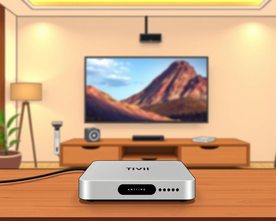 A modern IPTV hardware setup on a sleek, minimalist wooden desk. In the foreground, a high-end Tivi Planet IPTV box with a clean, minimal design sits atop the desk, its status lights indicating it is online and ready for use. In the middle ground, a professional-grade HDMI cable connects the IPTV box to a large, high-definition LED display mounted on the wall, showcasing vivid, crystal-clear video playback. The background features a tasteful, well-lit room with warm, indirect lighting, creating a cozy and inviting atmosphere for optimal IPTV viewing experience.
