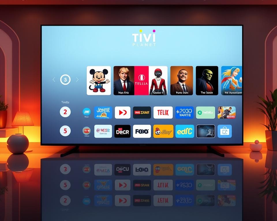 A modern IPTV service interface showcasing the "Tivi Planet" brand. Sleek, minimalist design with a clean user experience. Crisp, high-resolution icons and graphics representing various TV channels and on-demand content. The interface is displayed on a large, high-definition display with a subtle reflection on a glossy surface, creating a sense of depth and sophistication. Warm, ambient lighting illuminates the scene, highlighting the intuitive layout and seamless navigation. The overall atmosphere conveys a premium, high-tech entertainment experience optimized for the user's viewing pleasure.