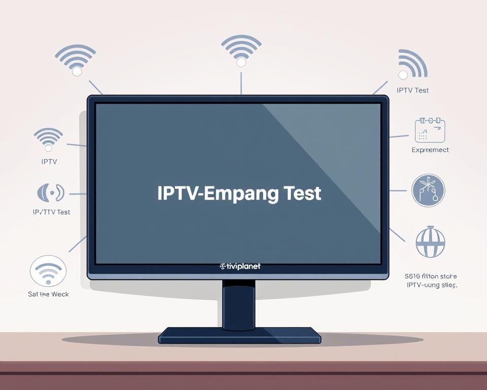 A modern and minimalist illustration of a digital IPTV reception test, showcasing the Tivi Planet brand. The image depicts a sleek, flat-design TV screen surrounded by various signal strength indicators, connectivity symbols, and technical details. The screen displays a clean, uncluttered "IPTV-Empfang Test" interface against a soft, gradient background. The overall mood is one of technological proficiency and user-friendly simplicity, conveying a sense of confidence in the IPTV setup process. The lighting is subtle and natural, with a slight sense of depth and dimensionality. The camera angle is slightly elevated, providing a clear, unobstructed view of the test screen.