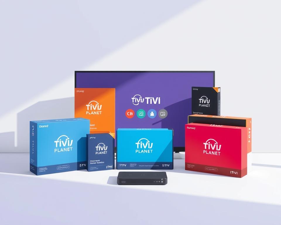 A modern and minimalist still life composition showcasing various IPTV packages from the Tivi Planet brand. The packages are neatly arranged on a clean, white surface, illuminated by soft, natural lighting from the side. The packages feature distinct colors, shapes and logos, creating a visually appealing and informative display. The image has a sleek, professional feel, suitable for illustrating the "Häufige Probleme und Lösungen" section of the article "IPTV günstig: Entdecken Sie die besten Deals."