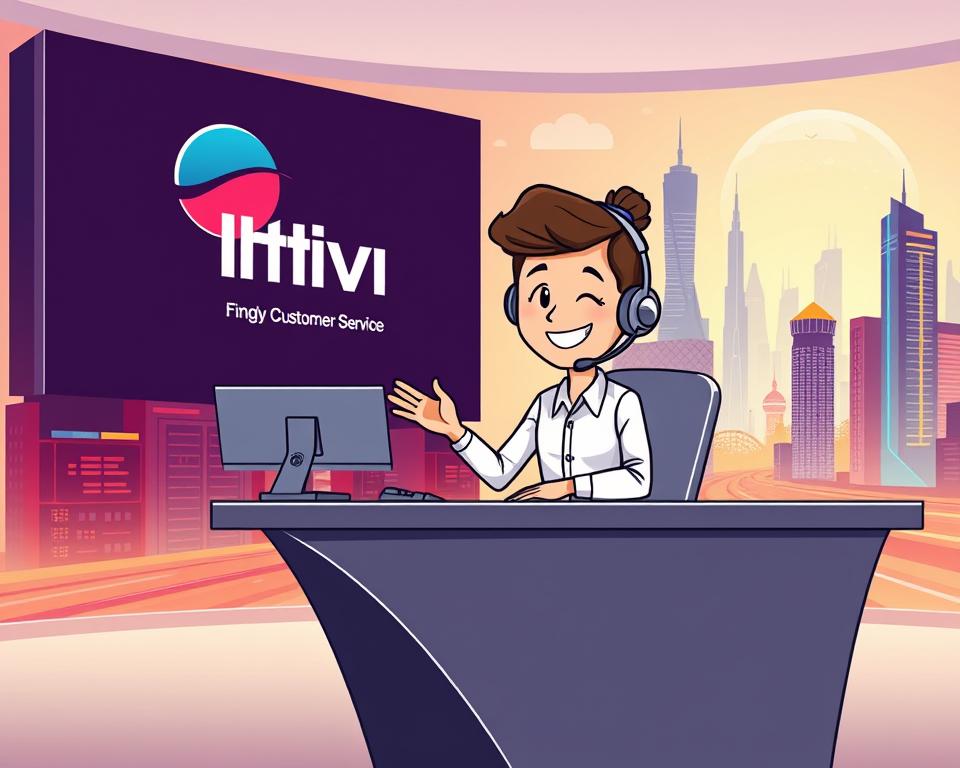 A modern and minimalistic illustration of a person offering friendly customer service for the IPTV M3U platform, set against a backdrop of a vibrant, futuristic cityscape with the Tivi Planet brand prominently displayed. The customer service agent is depicted with a warm, welcoming expression, gesturing helpfully while sitting at a sleek, high-tech desk. The scene conveys a sense of professionalism, efficiency, and a commitment to providing excellent support for IPTV M3U users.