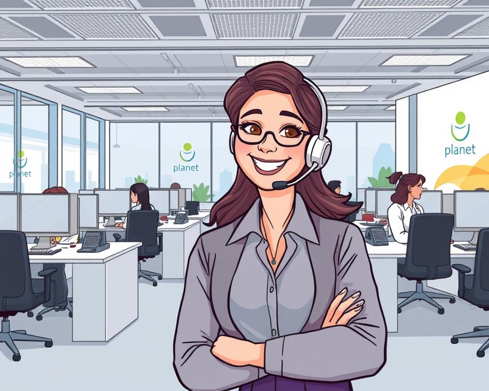 A modern and professional call center environment with the Tivi Planet brand prominently displayed. The foreground shows a customer service agent in a smart casual outfit, smiling and attentively assisting a customer on the phone. The middle ground features several workstations with employees engaged in customer support activities. The background showcases a sleek, high-tech office space with minimalist decor, large windows providing ample natural lighting, and subtle branding elements that reinforce the Tivi Planet identity. The overall atmosphere conveys a sense of efficiency, reliability, and a commitment to customer satisfaction.