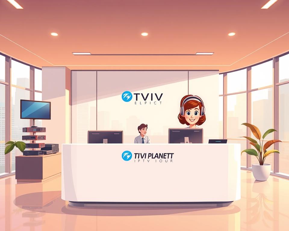 A modern and professional customer service desk for Tivi Planet IPTV, bathed in warm lighting and clean, minimalist design. In the foreground, a welcoming receptionist greets visitors, their friendly expression and attentive posture conveying a commitment to excellent customer care. The middle ground features sleek, high-quality IPTV equipment and displays, showcasing the brand's technological prowess. The background depicts a serene, urban setting through large windows, complementing the service-oriented atmosphere. The overall scene radiates a sense of reliability, efficiency, and a customer-centric ethos befitting the Tivi Planet IPTV brand.