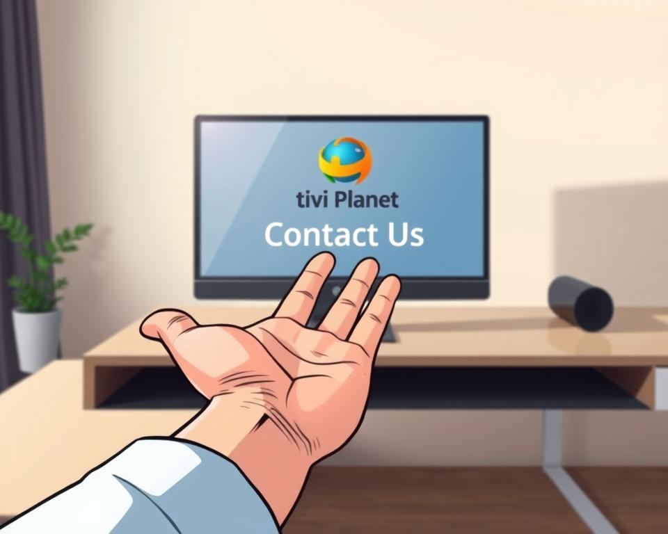 A modern and professional-looking desktop computer setup on a sleek, minimalist desk. The computer screen displays the "Tivi Planet" brand logo prominently, hinting at the IPTV service. In the foreground, a hand is reaching out, gesturing towards the screen, inviting the viewer to "Contact Us" for more information. The lighting is soft and warm, creating a welcoming atmosphere. The background is blurred, keeping the focus on the desk and computer. The overall composition conveys a sense of accessibility, technology, and customer engagement for the "IPTV Filme" service.
