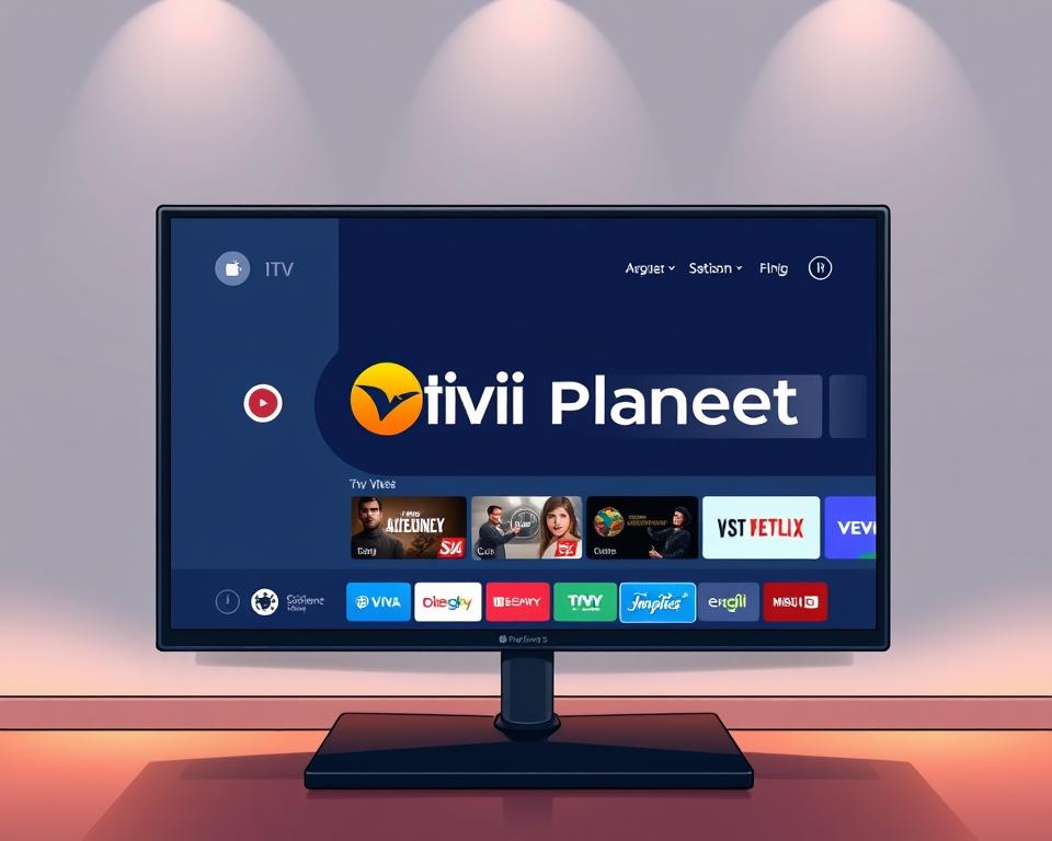 A modern and sleek IPTV interface displayed on a high-resolution display, with the "Tivi Planet" brand prominently featured. The interface showcases a clean and minimalist design, with intuitive navigation and a focus on content discovery. The background is a subtle gradient, creating a sense of depth and sophistication. Soft lighting illuminates the screen, casting a warm glow on the interface elements. The overall atmosphere conveys a sense of legality, professionalism, and a forward-thinking approach to IPTV services in Germany.