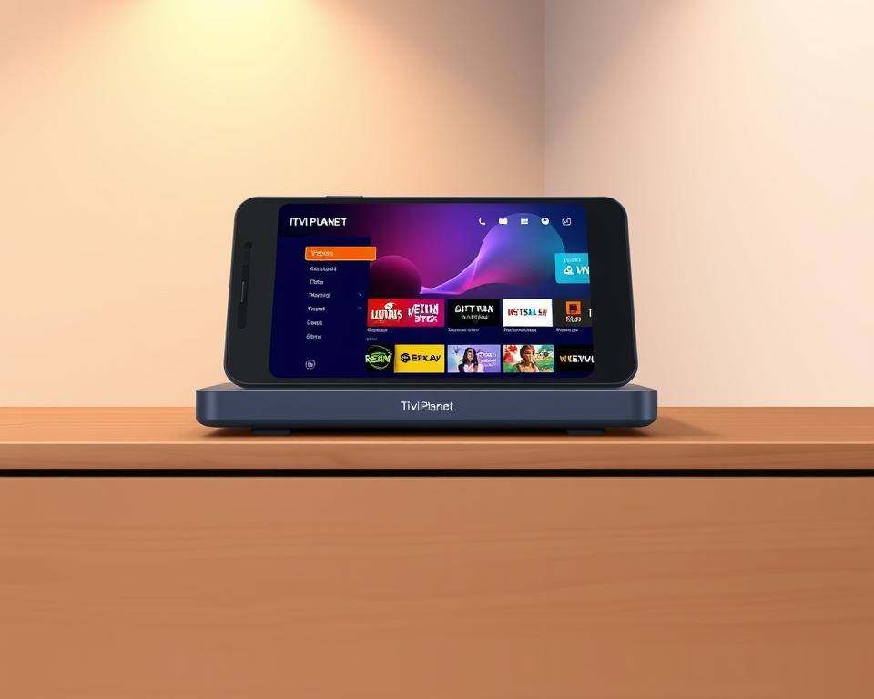 A modern and sleek IPTV mobile device, designed by the brand "Tivi Planet", rests on a minimalist wooden surface. The device's screen displays a vibrant, high-definition interface showcasing various streaming options. Soft, diffused lighting emanates from the background, creating a warm and inviting atmosphere. The composition emphasizes the portability and convenience of IPTV technology, perfectly capturing the essence of the "IPTV and mobile usage" section of the article.
