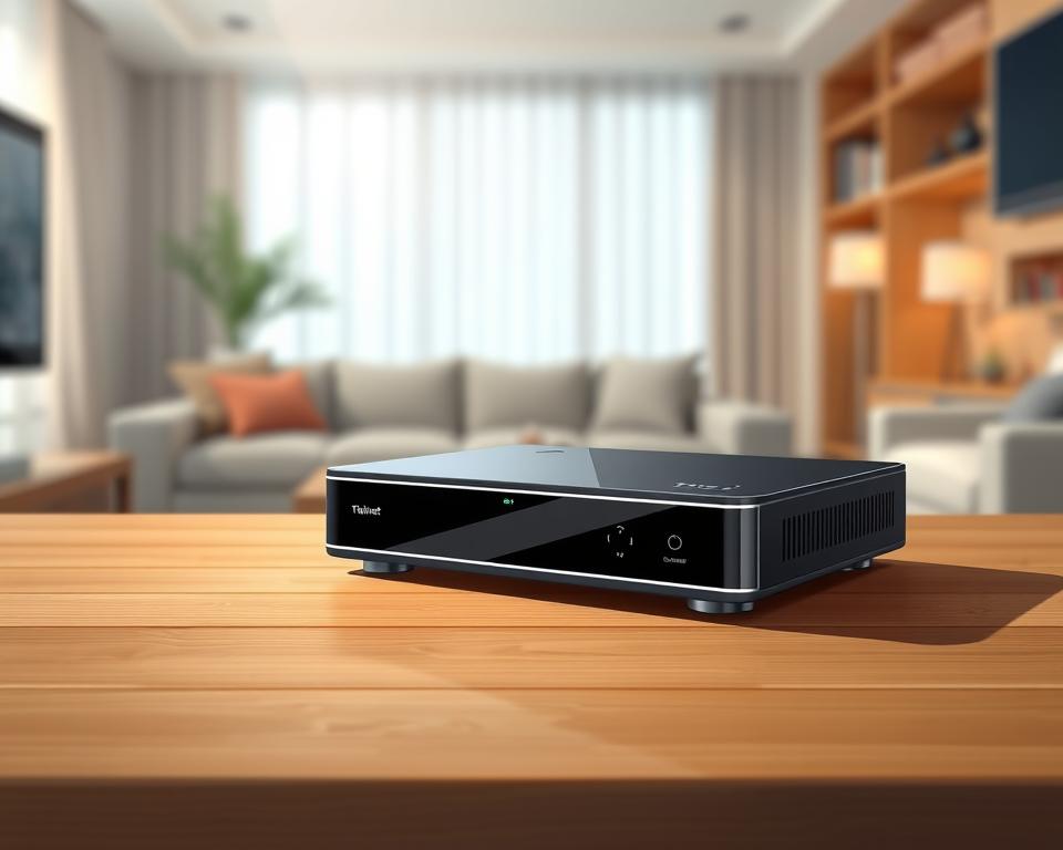 A modern and sleek IPTV receiver from Tivi Planet, sitting atop a minimalist wooden table. The device has a clean, compact design with a glossy black finish, accented by subtle silver trim. Crisp, diffused lighting from above illuminates the receiver, casting soft shadows that highlight its form. In the background, a blurred view of a cozy living room, hinting at the seamless integration of this device into a home entertainment setup. The overall atmosphere conveys a sense of modern convenience and comfort, reflecting the advantages of an IPTV receiver for the discerning viewer.