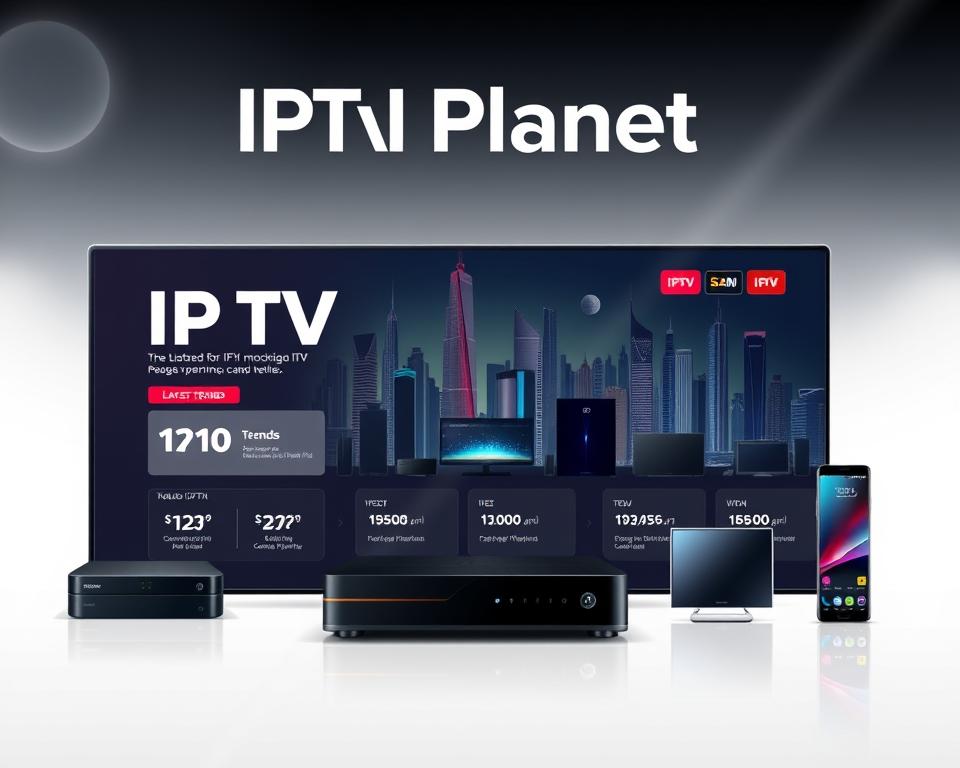 A modern and sleek IPTV service interface, showcasing the latest trends and offerings from Tivi Planet. A minimalist design with vibrant colors and clean typography dominates the foreground, highlighting the variety of subscription plans and package deals available. In the middle ground, an array of smart devices, from set-top boxes to mobile phones, displays the versatility of the IPTV service, accessible across multiple platforms. The background features a futuristic cityscape, hinting at the technological advancements driving the IPTV industry. Soft, directional lighting enhances the premium aesthetic, creating a visually appealing and informative representation of the evolving IPTV market.
