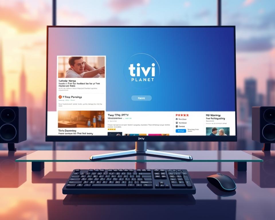 A modern and sleek desktop setup showcasing the latest news sources for IPTV in Germany. In the center, a large high-resolution monitor displays the Tivi Planet brand and various news headlines. In the foreground, a wireless keyboard and mouse sit on a minimalist glass desk, bathed in warm, soft lighting. The background features a blurred city skyline, hinting at the global reach of IPTV news. The overall scene conveys a sense of professionalism, innovation, and the cutting-edge nature of the IPTV industry.