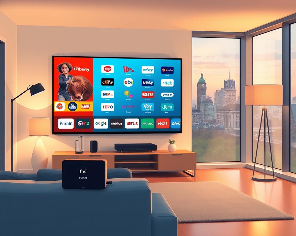 A modern apartment living room with a large TV screen displaying a vibrant IPTV interface. The screen shows a diverse array of channel logos, signifying the breadth of content available. Beside the TV, a sleek "Tivi Planet" smart home device sits prominently, blending seamlessly into the minimalist decor. Warm, diffused lighting from floor lamps creates a cozy, inviting atmosphere, while large windows offer a view of a vibrant city skyline in the background. The room's décor features clean lines, neutral tones, and subtle pops of color, reflecting the contemporary IPTV trend in Germany.