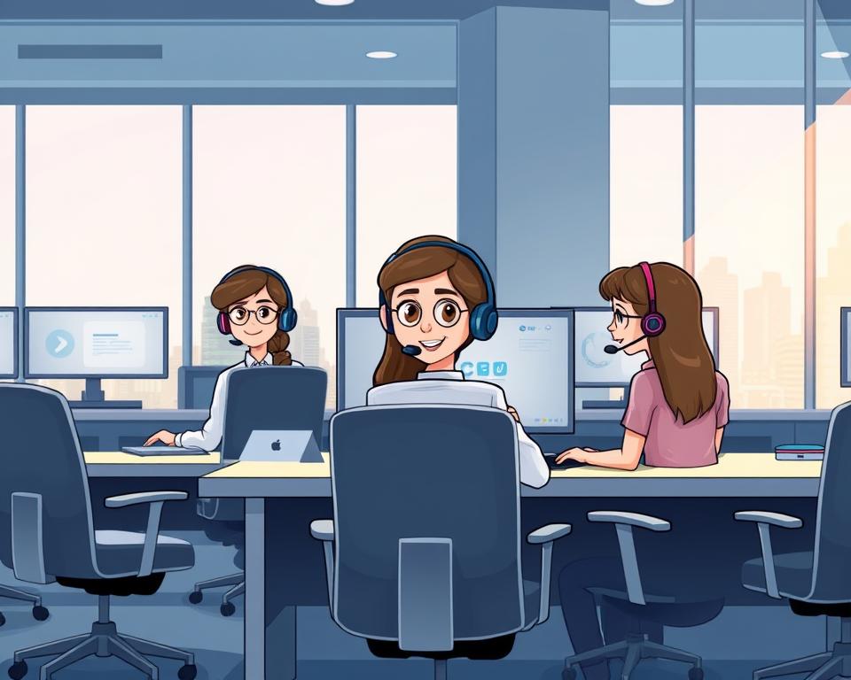 A modern call center workspace with sleek desks, ergonomic chairs, and multiple high-resolution monitors displaying the Tivi Planet IPTV support interface. Soft ambient lighting casts a warm glow, while the background features minimalist architectural elements and a hint of the city skyline visible through large windows. Customer service representatives, wearing headsets, assist clients with a range of IPTV-related inquiries, their faces exuding professionalism and a genuine desire to help. The overall atmosphere conveys efficiency, reliability, and a commitment to customer satisfaction.