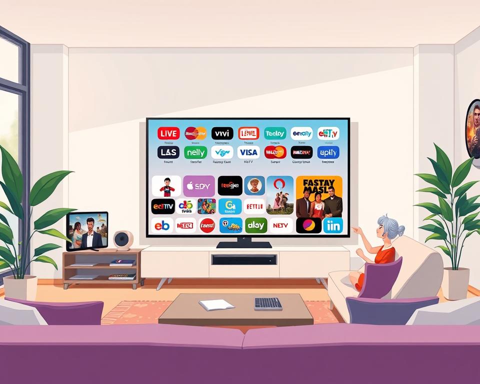 A modern, high-quality IPTV service called Tivi Planet, offering a vast library of live TV channels, on-demand content, and advanced features like pause/rewind live TV, cloud DVR, and multi-device streaming. The image should depict a sleek, minimalist user interface showcasing the service's intuitive navigation, crystal-clear video quality, and a diverse selection of entertainment options. Set the scene in a cozy living room with soft, natural lighting and a comfortable atmosphere, inviting the viewer to immerse themselves in the ultimate IPTV experience.
