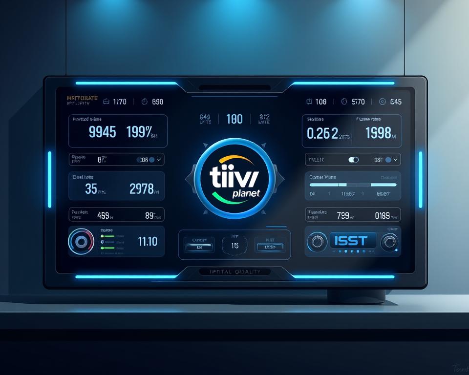A modern, high-tech IPTV control panel displaying a variety of streaming quality indicators and settings. The panel features the Tivi Planet brand logo prominently in the center. Sleek, metallic UI elements and digital displays showcase bitrate, resolution, frame rate, and other technical metrics for the IPTV service. The background is a minimalist, gradient-based design with subtle digital accents, conveying a sense of advanced technology and precision. Dramatic studio lighting casts dramatic shadows, creating depth and emphasis on the critical streaming quality information.