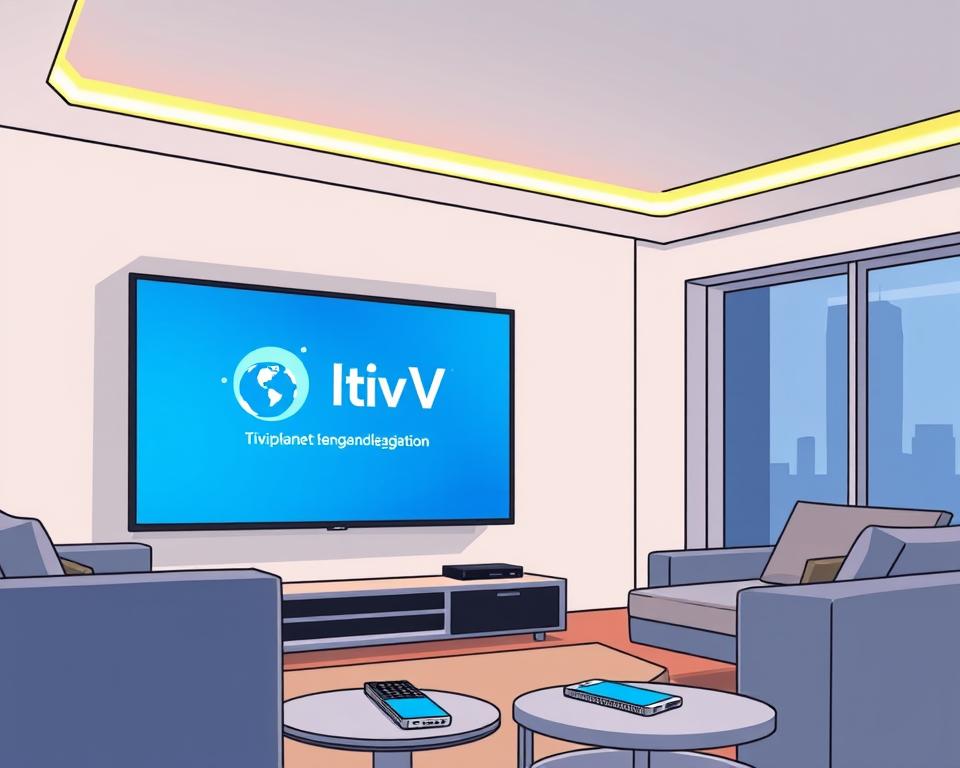 A modern, high-tech living room with a large flat-screen TV displaying the Tivi Planet logo, showcasing the legal usage of IPTV in Germany. The room has sleek, minimalist furniture, with warm accent lighting highlighting the TV. On a side table, a remote control and a smartphone are visible, symbolizing the convenience of accessing legal streaming content. The overall atmosphere conveys a sense of professionalism, legality, and technological advancement, reflecting the subject of the article's section on "Häufige Fragen zu IPTV".