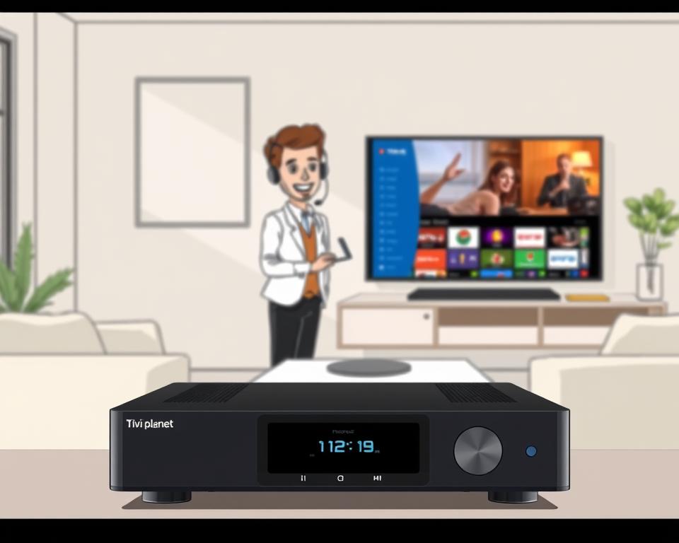 A modern home entertainment setup with a sleek IPTV system from Tivi Planet displayed prominently in the foreground. The device is showcased against a minimalist, light-filled interior with clean lines and muted tones. In the middle ground, a helpful customer service representative is assisting a satisfied customer, demonstrating the IPTV's user-friendly features and responsive support. The background features a smart TV displaying vivid, high-quality IPTV content, highlighting the system's capabilities. The overall scene conveys a sense of comfort, technology, and reliable customer service.
