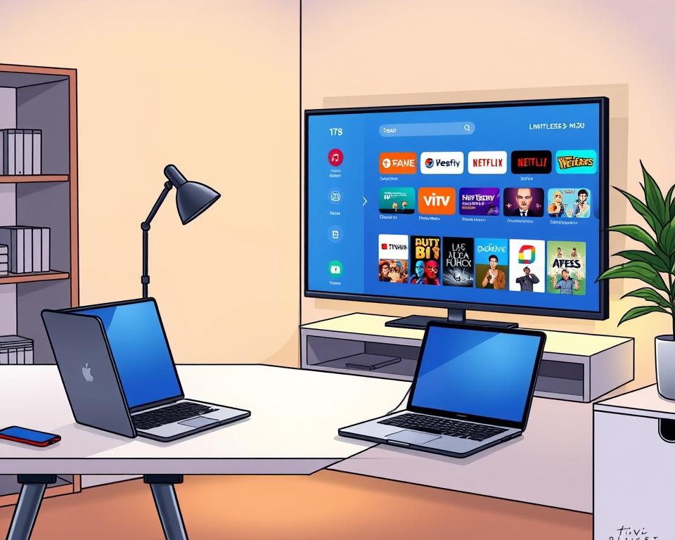 A modern home office setup with a laptop, smartphone, and a high-definition TV displaying the Tivi Planet IPTV M3U interface. The desk is clean and minimalist, with a sleek white surface and metal legs. Ambient lighting casts a warm glow, creating a comfortable and productive atmosphere. The TV screen shows a user-friendly interface with various streaming options, emphasizing the ease of access to limitless entertainment. The overall scene conveys the convenience and versatility of IPTV M3U usage in a contemporary and visually appealing manner.
