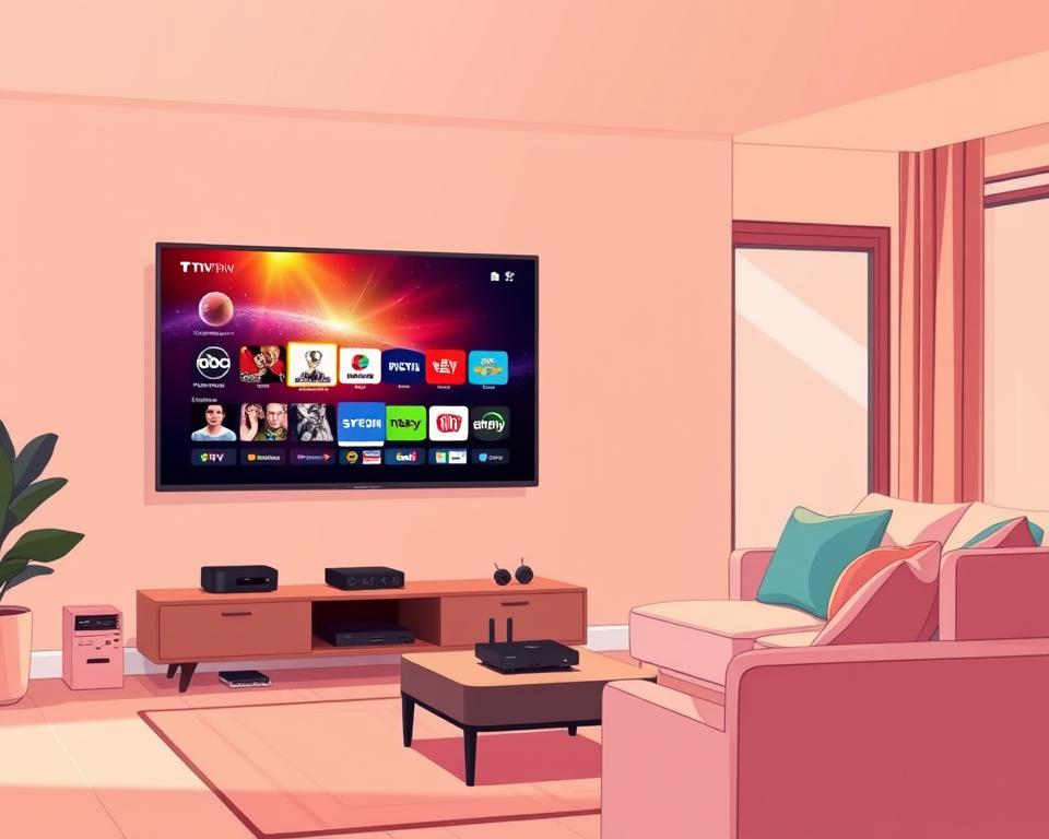 A modern living room setup with a sleek Tivi Planet smart TV mounted on the wall. The TV screen displays a vibrant and immersive IPTV interface, showcasing a diverse selection of live channels and on-demand content. The room is bathed in warm, soft lighting, creating a cozy and inviting atmosphere. In the foreground, a compact media center houses various streaming devices, blending seamlessly with the room's minimalist decor. The middle ground features a comfortable sofa and a coffee table, encouraging a relaxed viewing experience. The background showcases a large window, allowing natural light to filter in and enhance the overall ambiance.