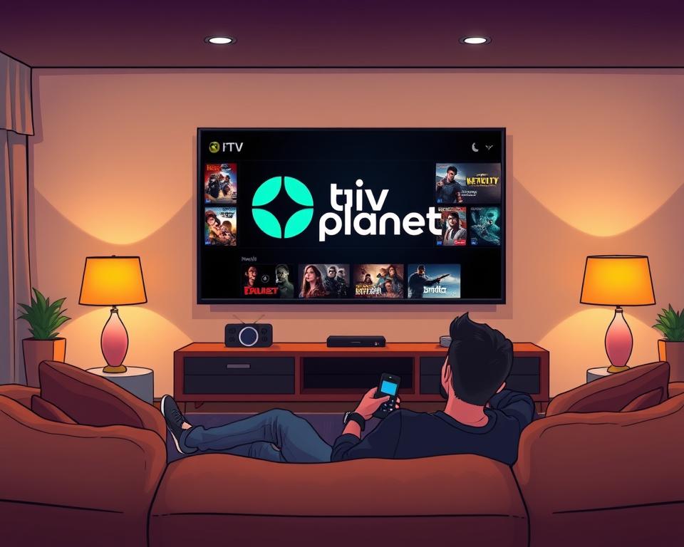 A modern living room with a large flat-screen TV mounted on the wall, surrounded by plush seating. The room is bathed in warm, ambient lighting, creating a cozy and inviting atmosphere. On the TV screen, the "Tivi Planet" logo is prominently displayed, indicating a streaming service offering a vast selection of movies and TV shows. In the foreground, a person relaxes on the sofa, remote in hand, immersed in the captivating visuals on the screen. The overall scene conveys the ease and enjoyment of accessing a diverse range of entertainment options through an IPTV platform.