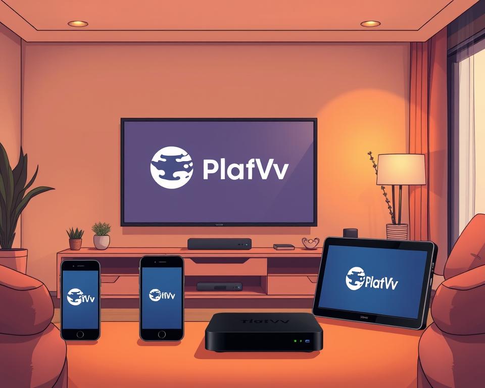 A modern living room with a sleek TV and various IPTV-enabled devices such as a smartphone, tablet, and streaming box. The room is bathed in warm, ambient lighting, creating a cozy and inviting atmosphere. The devices display the Tivi Planet logo, showcasing the seamless integration of IPTV across multiple platforms. The overall scene exudes a sense of technological convenience and entertainment within a comfortable, contemporary home setting.