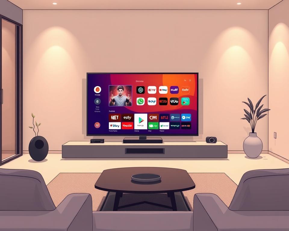 A modern living room with a sleek Tivi Planet smart TV prominently displayed. The TV screen showcases a vibrant IPTV interface, with various streaming service icons and an EPG guide visible. Indirect lighting casts a warm glow, creating a cozy atmosphere. The room is minimalist in design, with clean lines and neutral tones, allowing the technology to take center stage. The camera angle is slightly elevated, giving a clear view of the TV and its surroundings. The overall scene conveys the seamless integration of IPTV technology into a contemporary home setting.