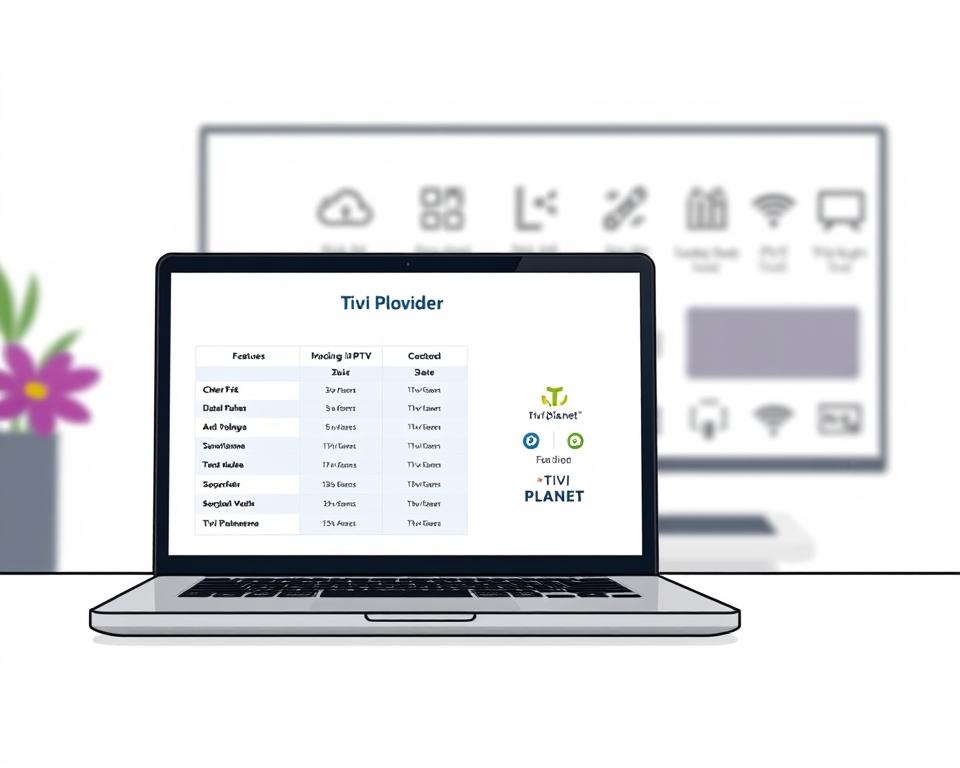 A modern, minimalist comparison of IPTV providers against a clean, white background. In the foreground, a sleek laptop displays a side-by-side feature comparison, with the Tivi Planet brand prominently displayed. The middle ground features simple icons and graphics representing various IPTV services, conveying the breadth of options. The background is softly blurred, allowing the viewer to focus on the key information. The overall mood is professional, informative, and visually appealing, perfectly suited to illustrate the "Wie man legales IPTV abonniert" section of the article.