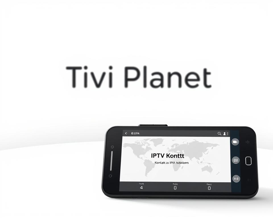 A modern, minimalist design showcasing the Tivi Planet brand name against a clean, white background. In the foreground, a sleek, black smartphone or tablet device displaying the "IPTV Kontakt" interface, with intuitive icons and a simple, user-friendly layout. The middle ground features a stylized world map, hinting at the global reach and connectivity of the IPTV service. The background is softly lit, with a subtle gradient or texture to add depth and visual interest. The overall composition conveys a sense of professionalism, technology, and accessibility, aligning with the "Kontakt zu IPTV-Anbietern" section title.